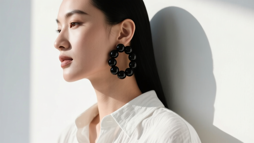 Side profile of a woman with a sharp jawline wearing chunky black onyx beaded huggie earrings against a crisp white linen shirt