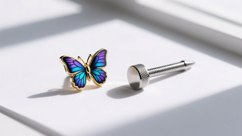 Overhead view of a 20-gauge butterfly stud beside a 14-gauge internally threaded titanium flat-back labret post on white paper.