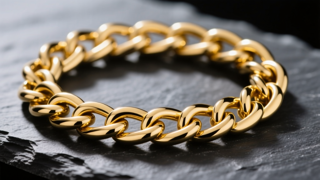 Macro shot of a 14k yellow gold Cuban link chain on dark slate, highlighting interlocking link geometry and high polish finish