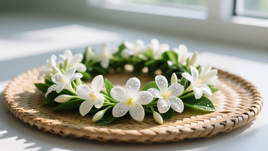 Fresh white Pikake flower lei on a woven mat, soft sunlight highlighting the delicate jasmine buds and vibrant green stems