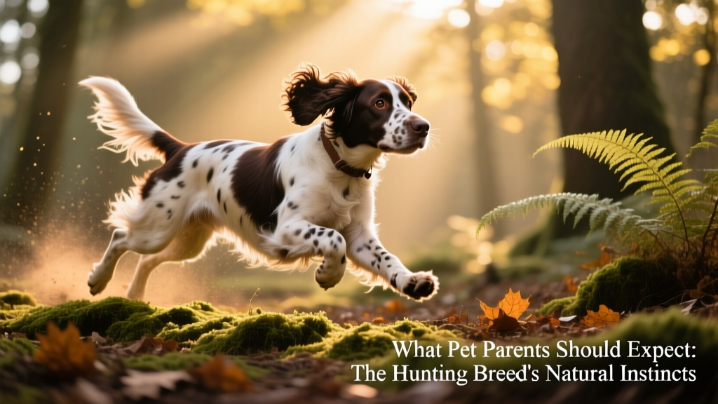 A smiling English Springer Spaniel mid-stride in a sun-dappled forest, ears flying, clearly engaged in active flushing behavior