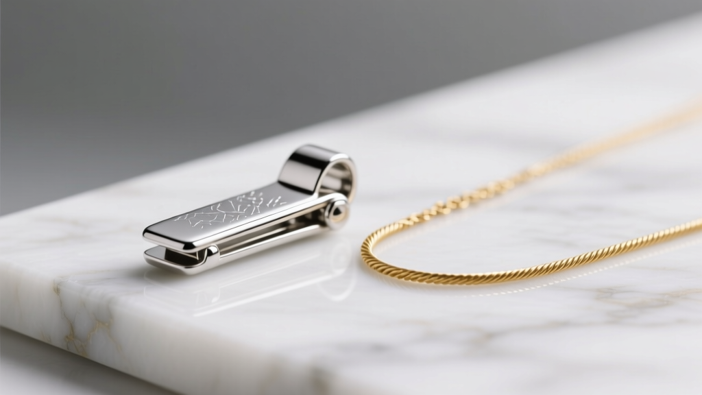 A sterling silver necklace shortener clip resting on marble next to a 1.5mm gold cable chain under soft, diffused studio lighting