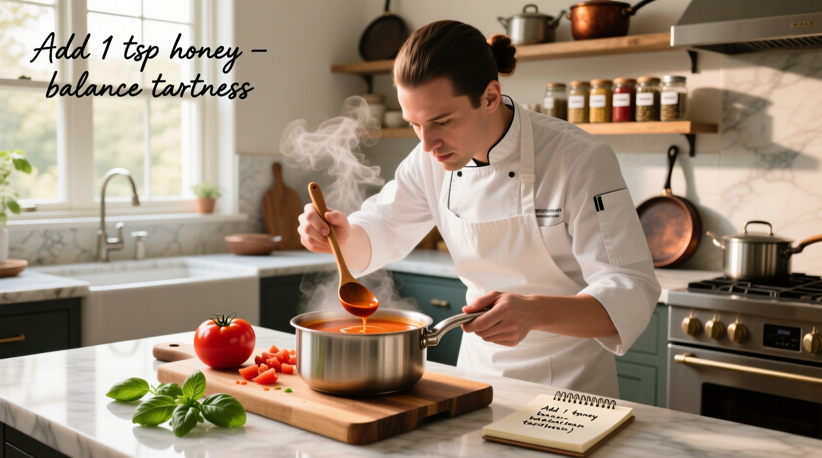 Chef adjusting tomato soup substitution in recipe