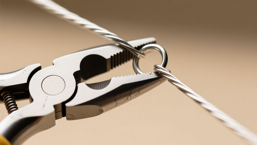 Macro shot of box-joint chain nose pliers gripping a 20-gauge Argentium silver wire loop under bright jeweler