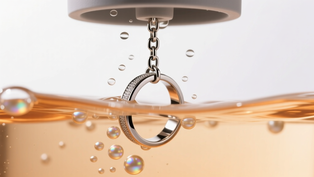 Ultrasonic jewelry cleaner filled with warm soapy water, submerging a titanium chain-link finger ring showing gentle cavitation