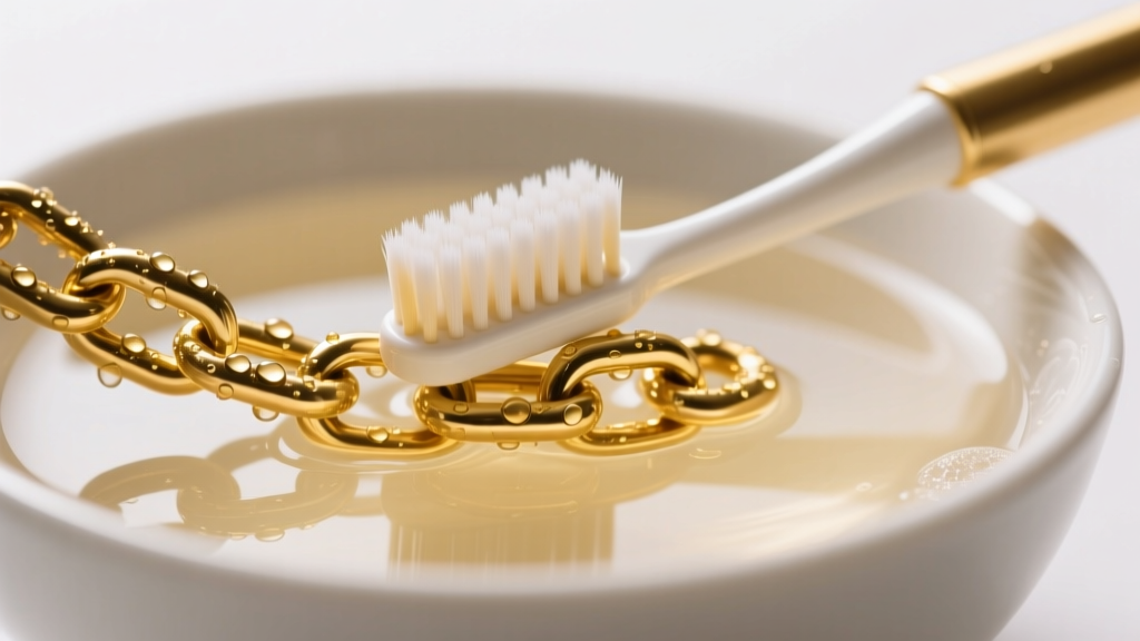 Soft toothbrush cleaning thick gold chain links in a bowl of warm soapy water under bright, focused overhead studio lighting.