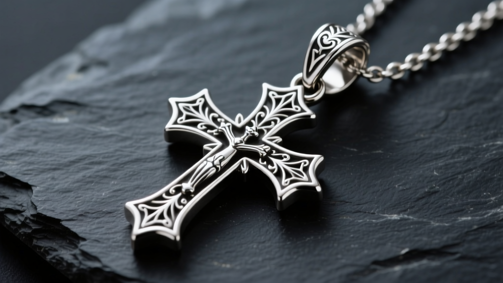 Heavy 925 sterling silver upside down cross pendant on dark slate, highlighting gothic details and a wide bail for thick chains.