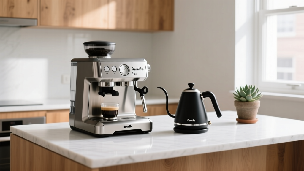 Minimalist apartment kitchen counter featuring a 6-inch wide Breville Bambino Plus espresso machine next to a slim black electric gooseneck kettle