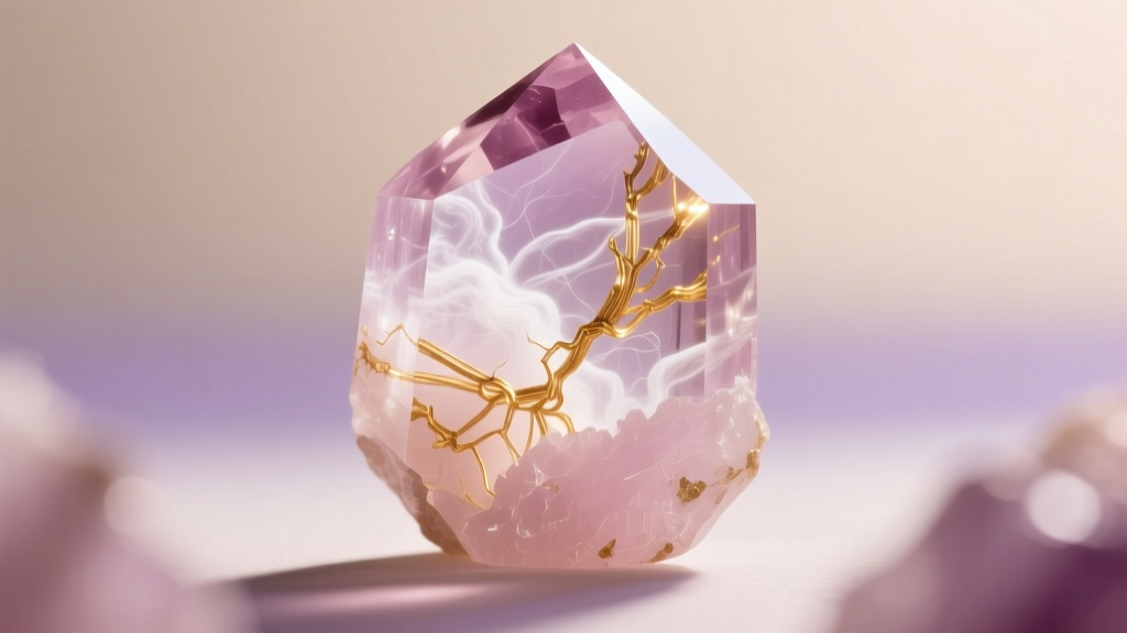 Macro shot of natural rose quartz revealing internal rutile inclusions and cloudy fibers against a softly backlit background.