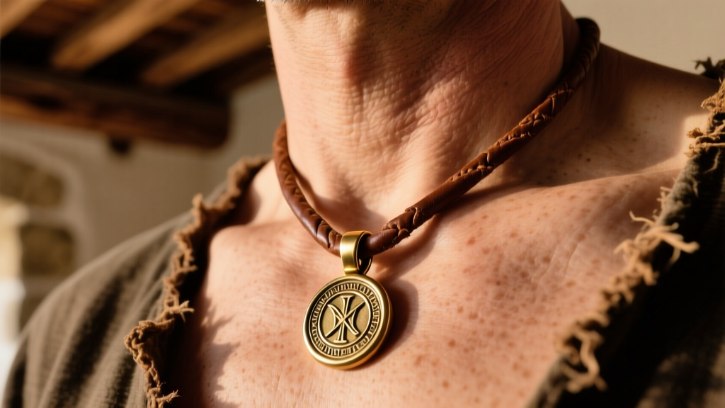 Weathered brown leather cord holding an antiqued brass signet ring pendant resting on a rugged male collarbone in warm sunlight