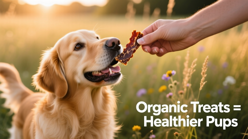 A happy, healthy golden retriever mid-treat, gently taking an organic jerky strip from a person's hand
