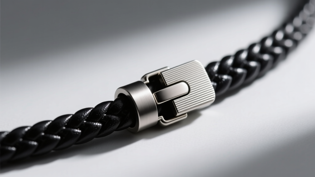 Macro photography of a brushed titanium magnetic clasp securely attached to the end of a black braided leather necklace cord.