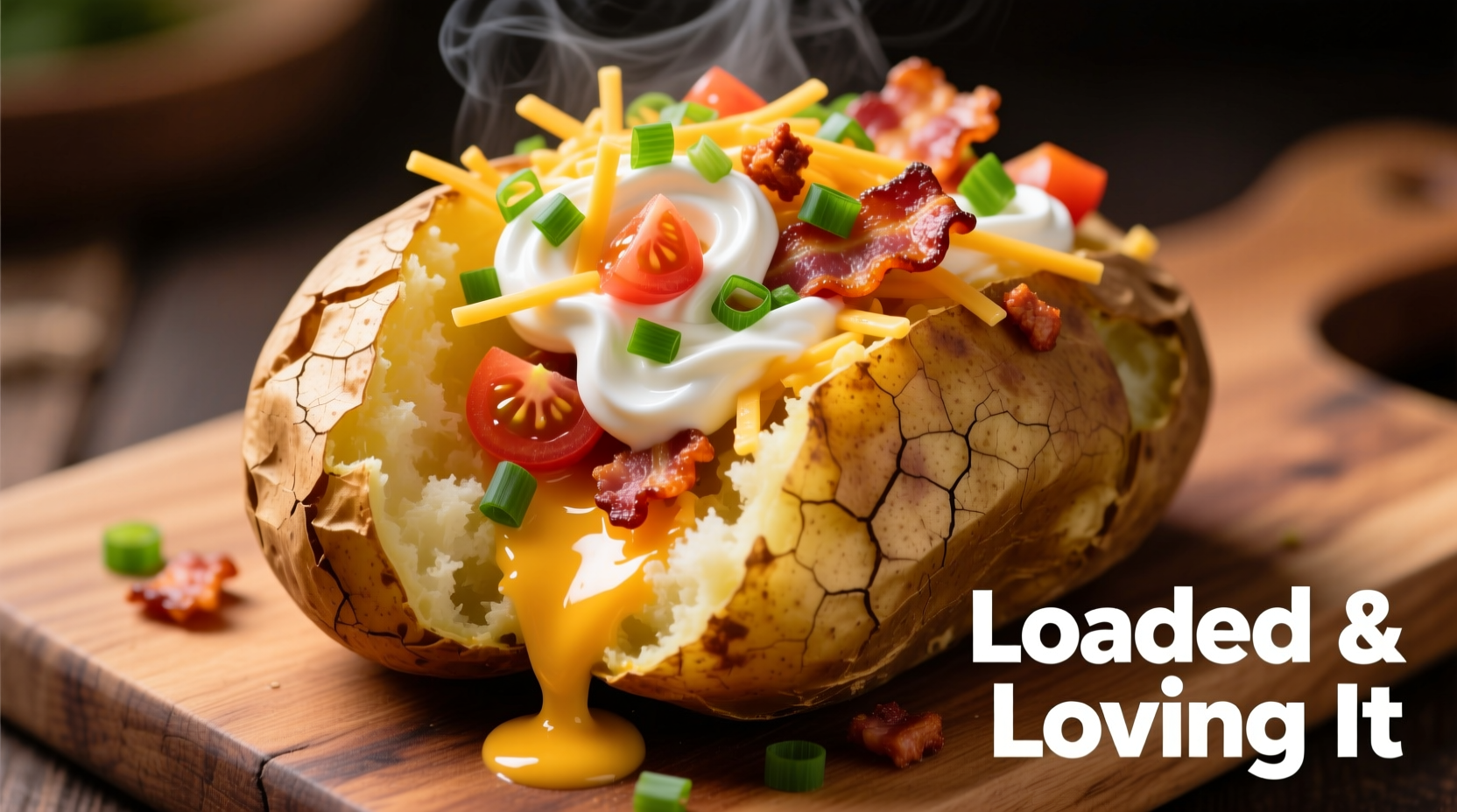 Loaded baked potato with colorful toppings