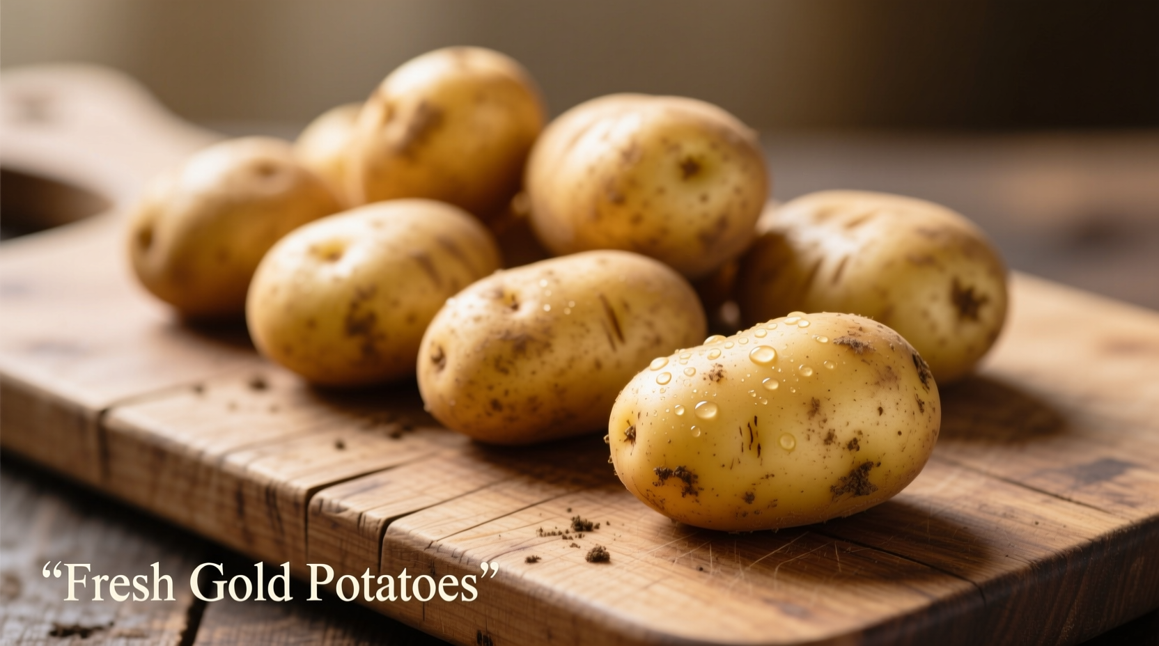 Fresh gold potatoes with skin on wooden cutting board