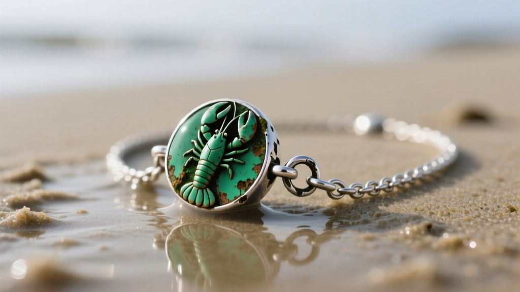 Tarnished sterling silver beach charm necklace resting on wet sand, highlighting green corrosion near the lobster clasp mechanism.