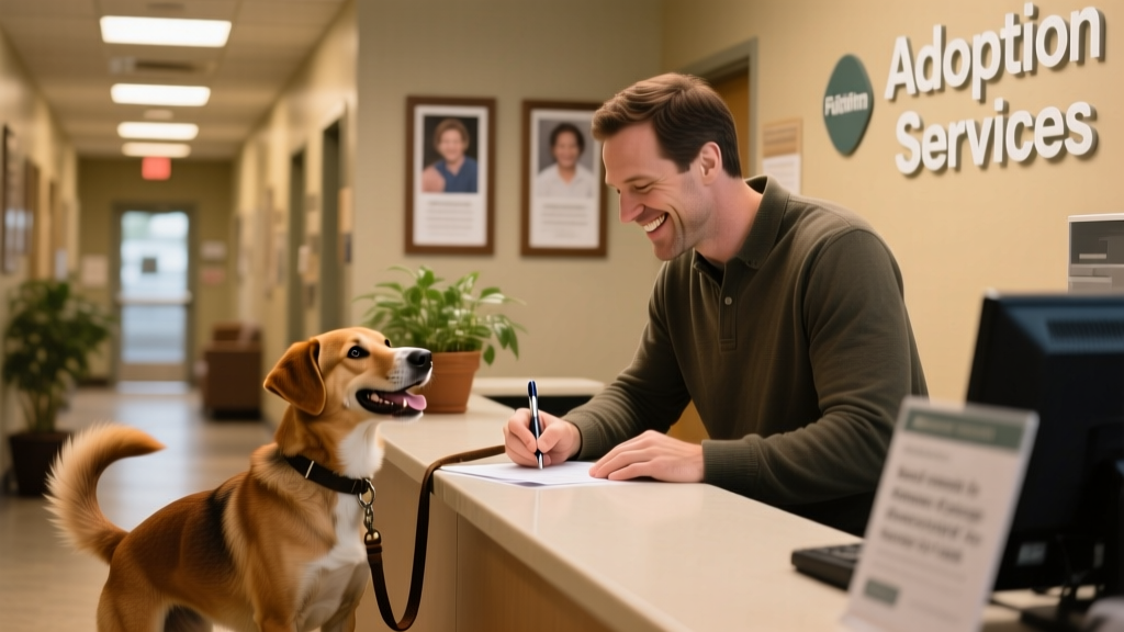 A pet parent signing paperwork at a shelter counter while holding a leash and smiling at their reunited dog