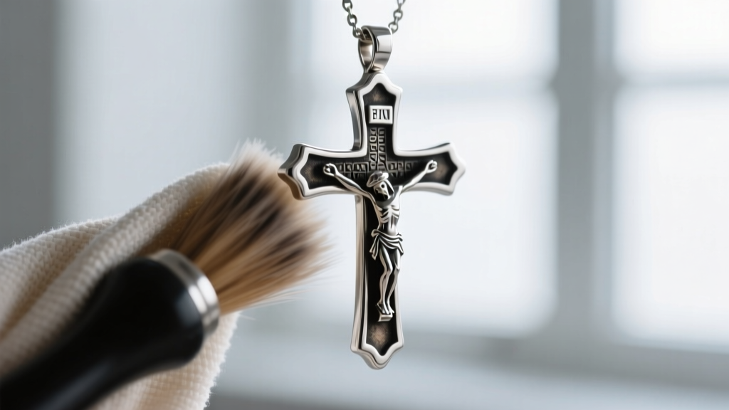 Microfiber cloth gently buffing the edges of an oxidized sterling silver crucifix pendant, avoiding the dark crevices
