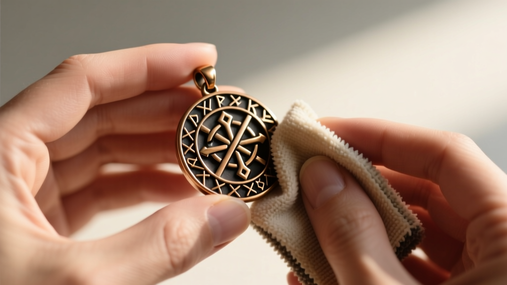 Hands gently rubbing a microfiber polishing cloth over a bronze Vegvisir pendant, carefully avoiding the darkened rune crevices.