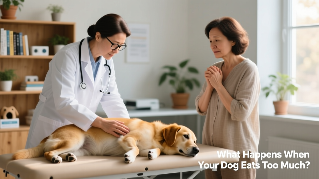 Veterinarian gently examining a dog’s abdomen while owner looks on attentively
