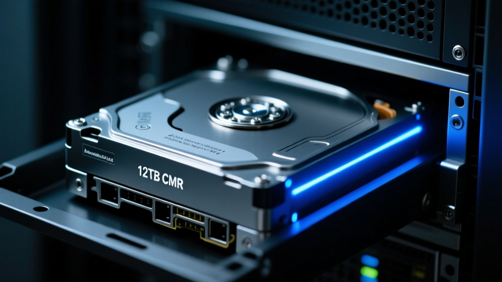 Close-up of a NAS bay sliding in a 12TB CMR hard drive, illuminated by blue LED status lights in a dark server closet.