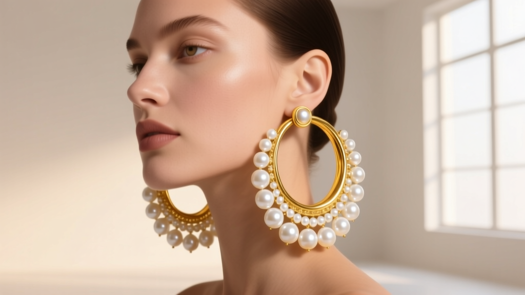 Model wearing large 60mm 18k yellow gold hoop earrings adorned with white baroque freshwater pearls against a soft studio backdrop