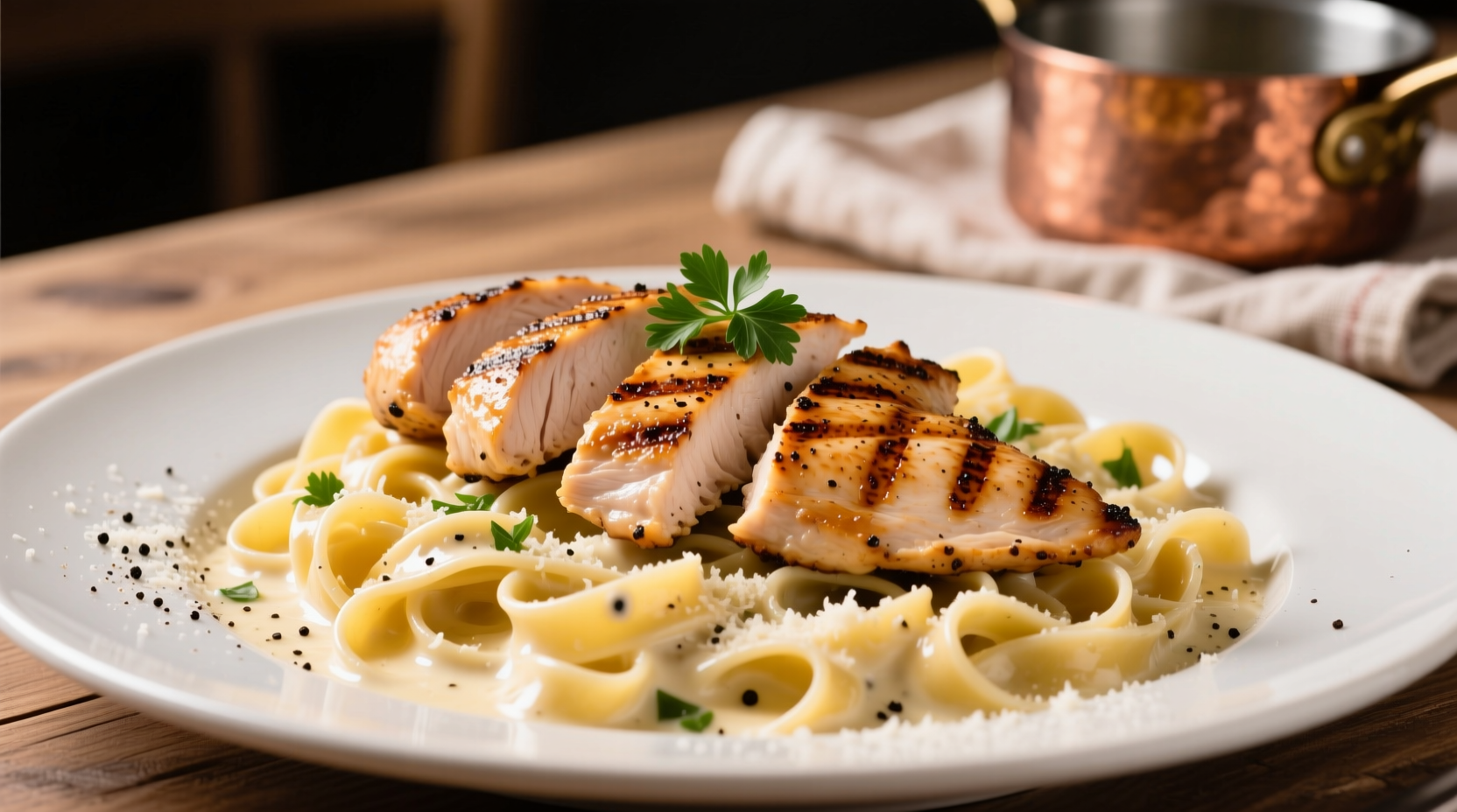 Perfectly seared chicken slices for fettuccine alfredo