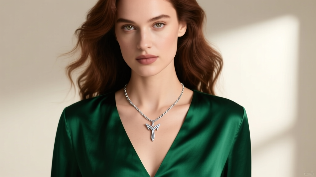 Woman wearing a delicate silver evenstar pendant on a 16-inch box chain, paired with a deep emerald green silk V-neck blouse