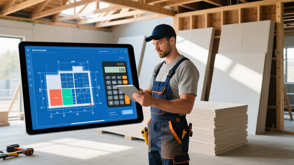 Contractor using a tablet with a digital gypsum board calculator overlaying a blueprint next to stacked drywall sheets on a framing site