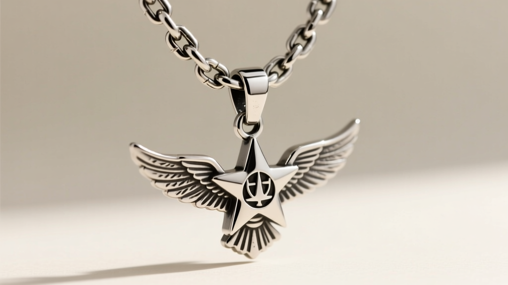 Side profile of a 2.5mm rolo chain with a secure lobster clasp, holding a heavy cast silver Rebel Alliance starbird pendant