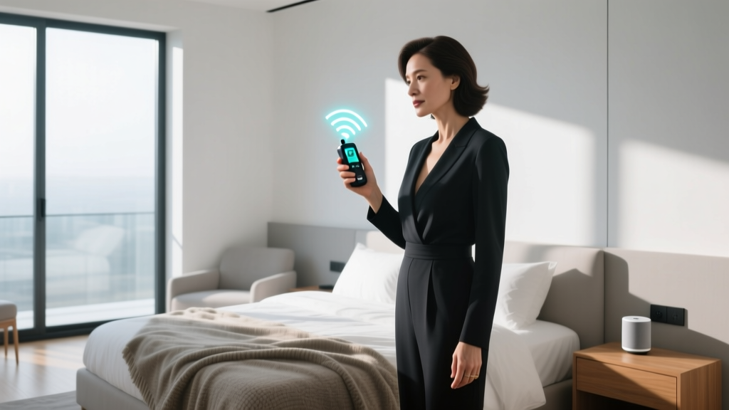 A woman holding a digital RF signal detector while scanning a modern bedroom for hidden spy gadgets and eavesdropping devices.