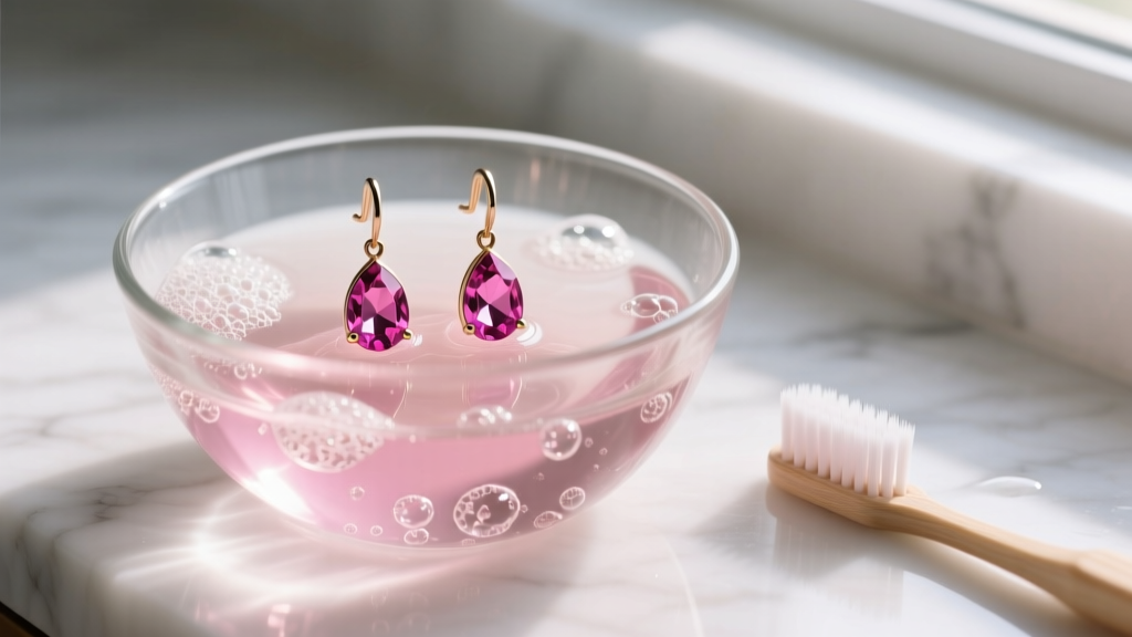 Pink spinel drop earrings soaking in a glass bowl of warm soapy water, with a soft-bristled toothbrush resting beside the bowl.