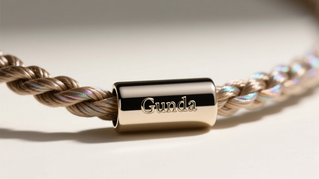 Macro shot of a Gunda necklace clasp showing the transition from traditional silk thread to a modern magnetic barrel closure.