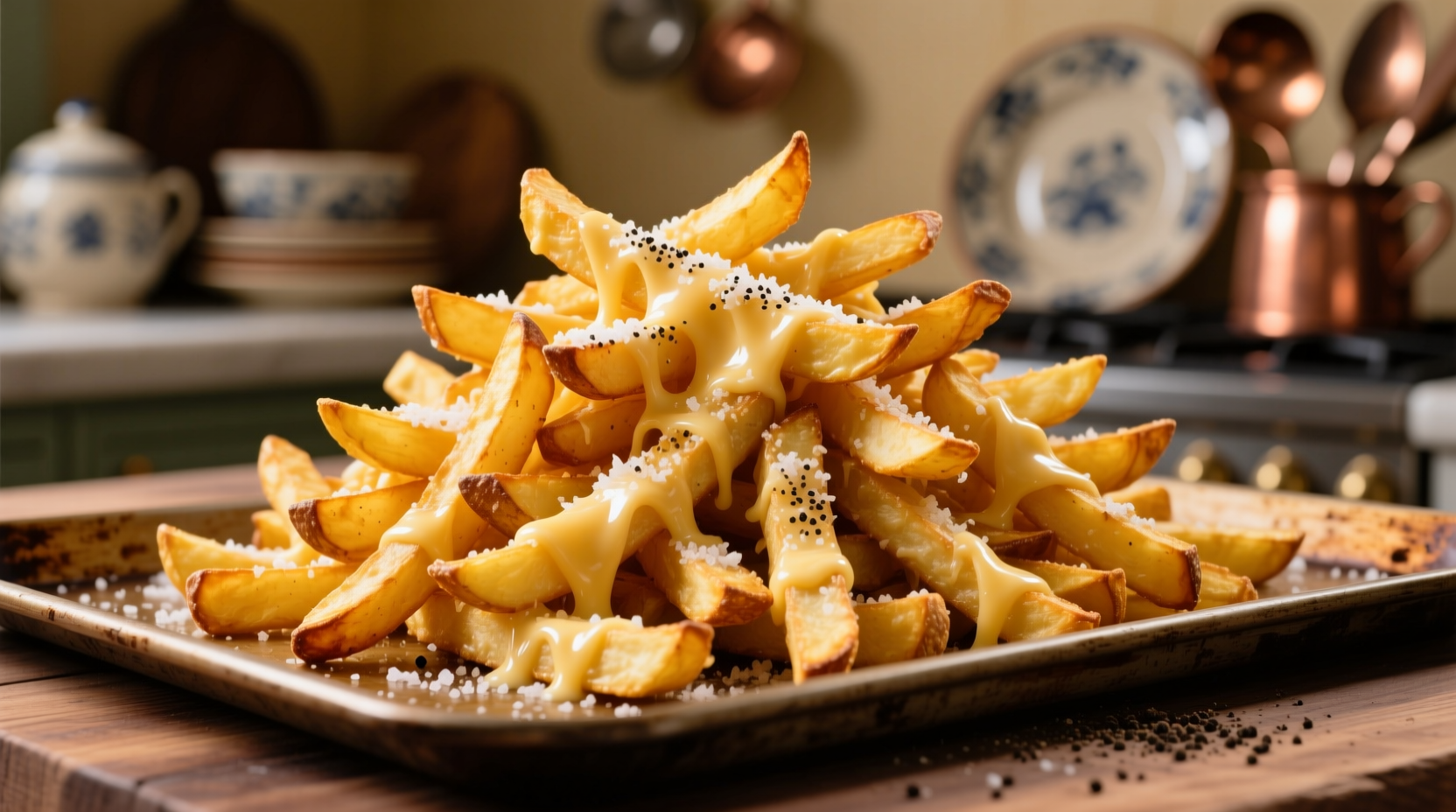 Golden parmesan potato fries on baking sheet