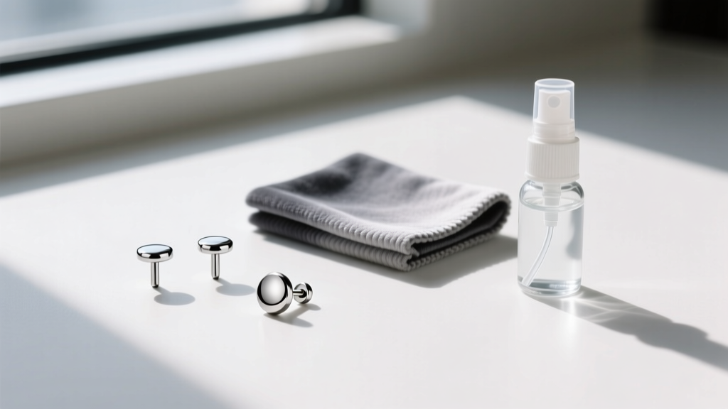 Flat lay gift guide featuring 316L surgical steel threadless push-pin studs, a microfiber polishing cloth, and saline spray.
