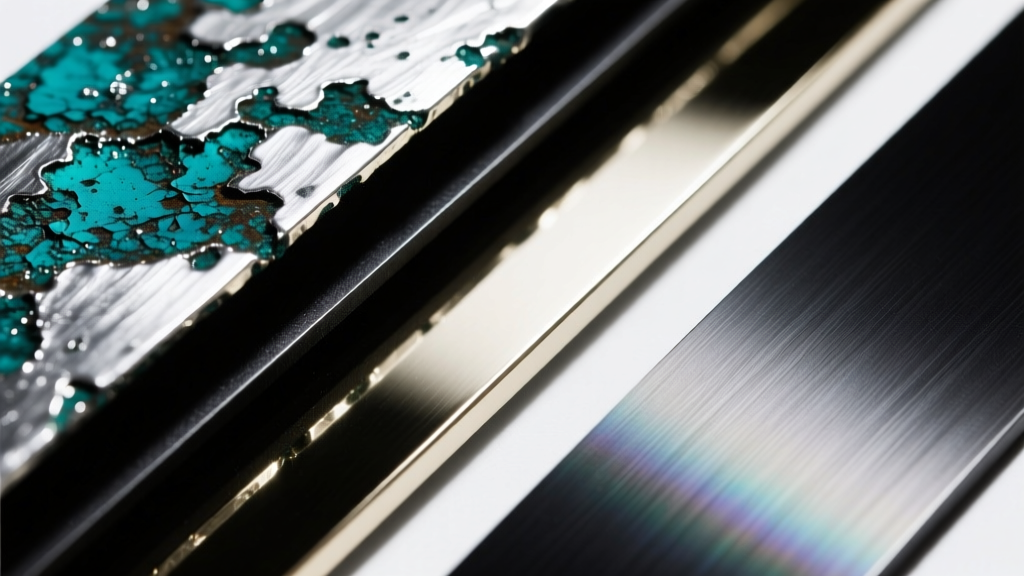 Macro shot of three gothic metal textures: oxidized silver, black rhodium white gold, and dark anodized titanium surface details