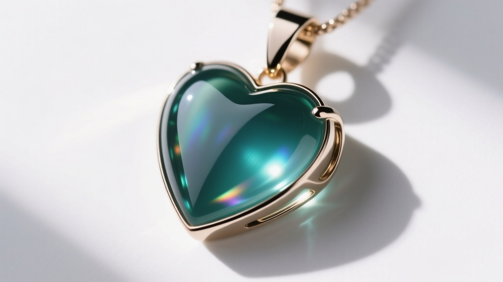 Side profile of a Brighton heart pendant showing the domed surface of cured epoxy resin filling recessed metal cavities