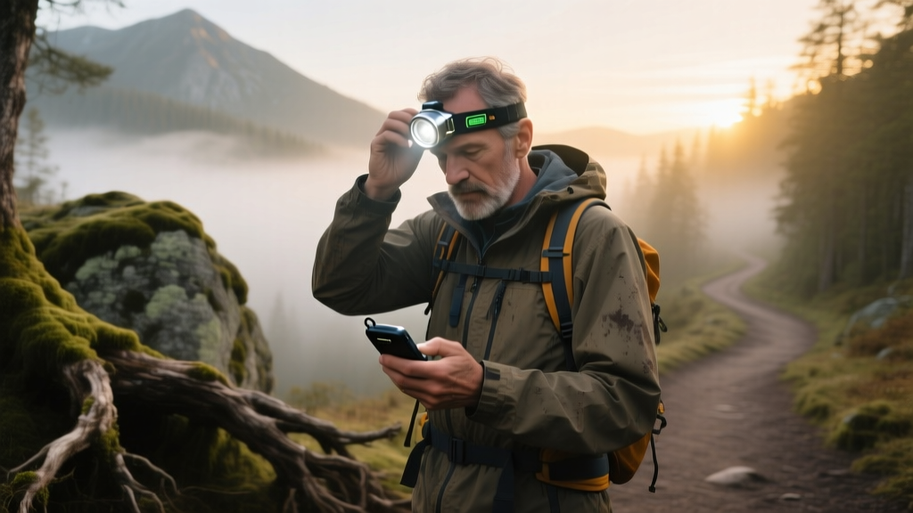 Hiker adjusting a high-lumen rechargeable headlamp while checking a handheld GPS device at a misty mountain trail junction at dawn