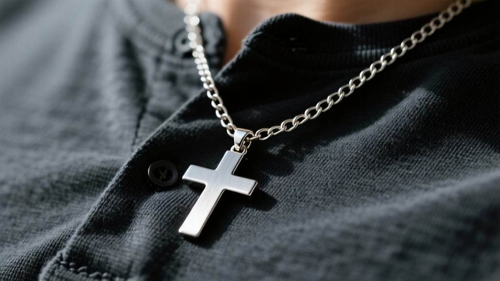 Close-up of a brushed steel cross pendant on a dark charcoal henley shirt, highlighting the matte texture and thick box chain.