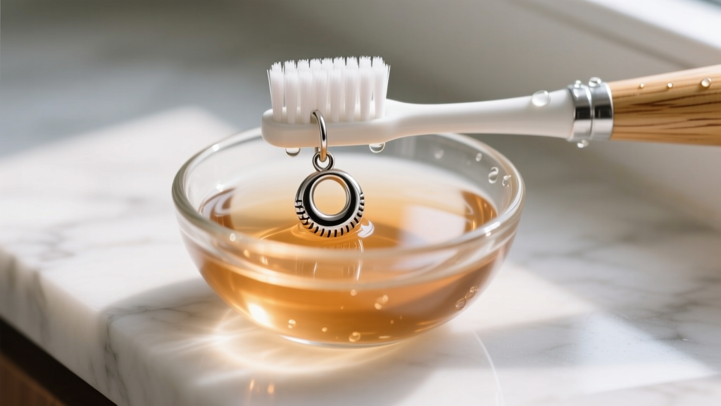A soft-bristled baby toothbrush gently scrubbing a silver-tone baseball bat earring in a small glass bowl of warm distilled water