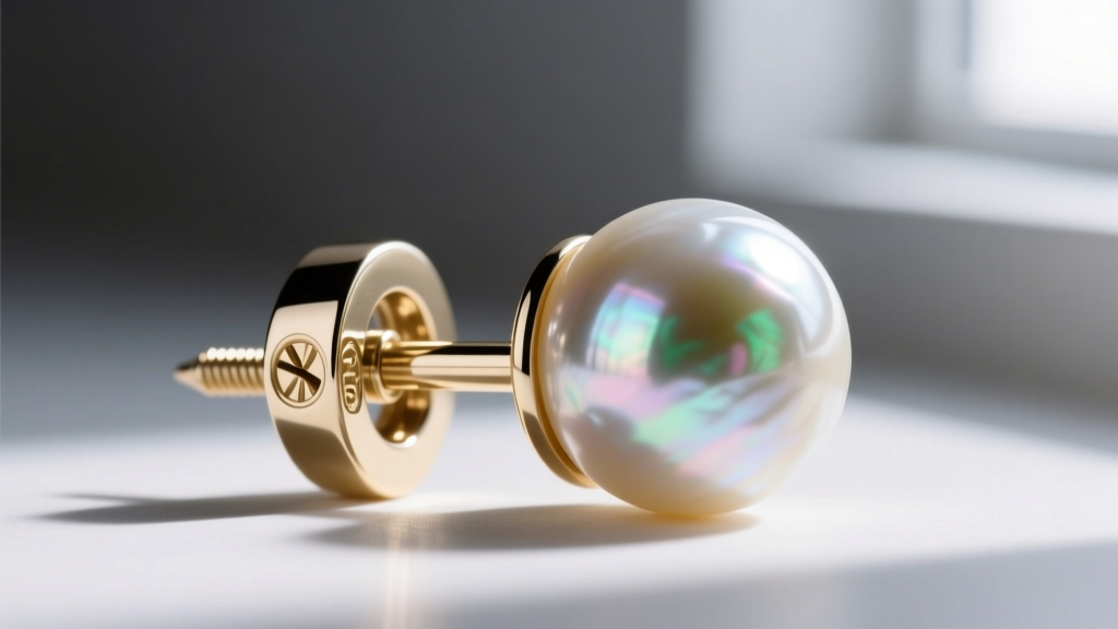 Loupe view of a 20-gauge 18k white gold earring post and screw-back mechanism next to a loose, unmounted South Sea pearl.