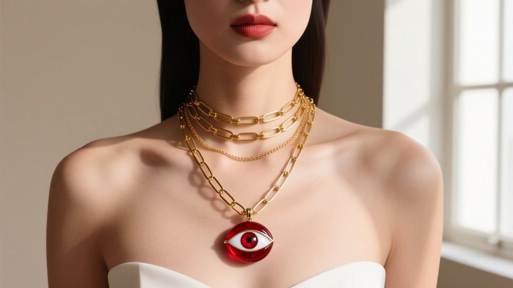 Model wearing a layered necklace stack with a delicate 16-inch red evil eye pendant paired with a 20-inch gold paperclip chain.