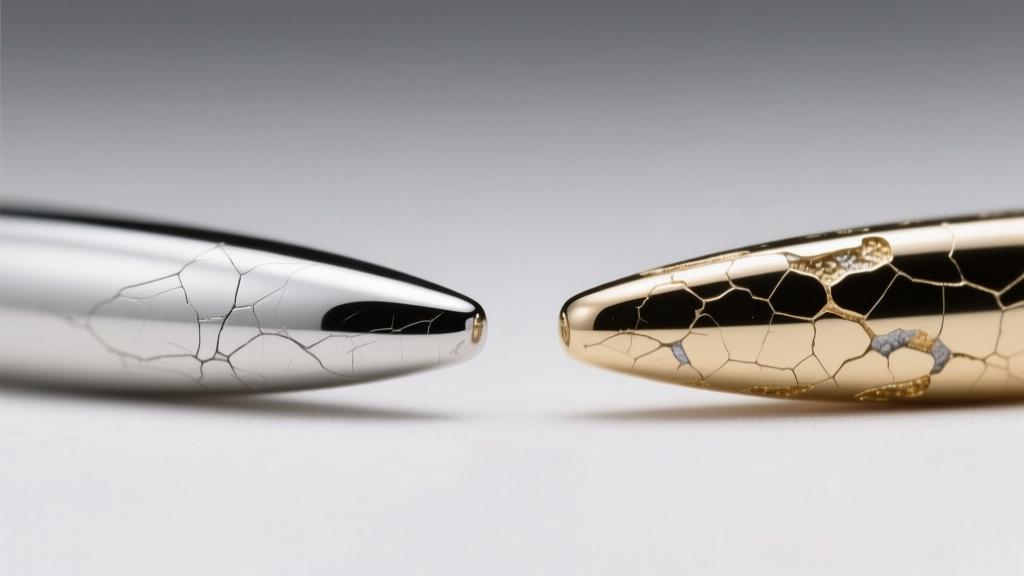 Illustration of a platinum prong versus a rhodium-plated white gold prong, showing microscopic wear patterns on the metal edge.