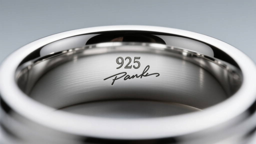 Macro shot of a silver ring interior showing a crisp 925 hallmark stamp and maker's mark under bright, focused studio lighting
