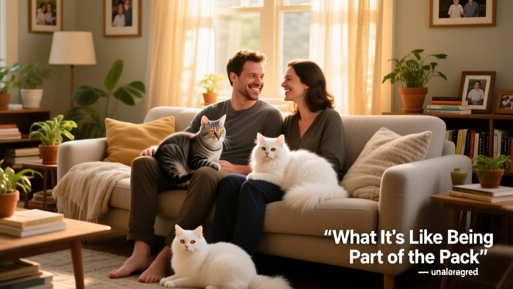 Marc and Ian smiling with their two cats, Curtis and Maisie, in their cozy living room