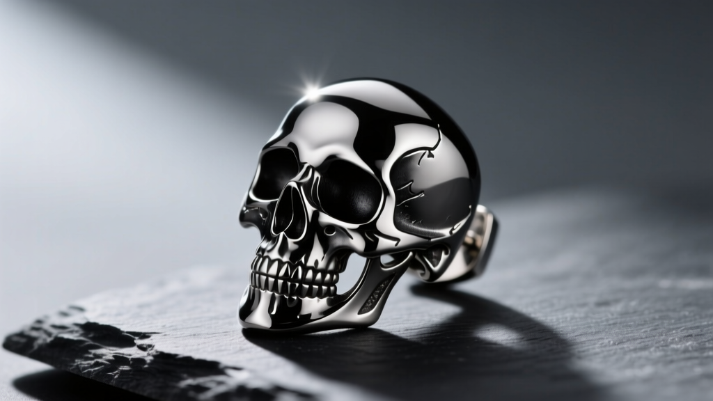 Macro shot of a solid 316L stainless steel skull earring with matte black rhodium on dark slate under dramatic side lighting