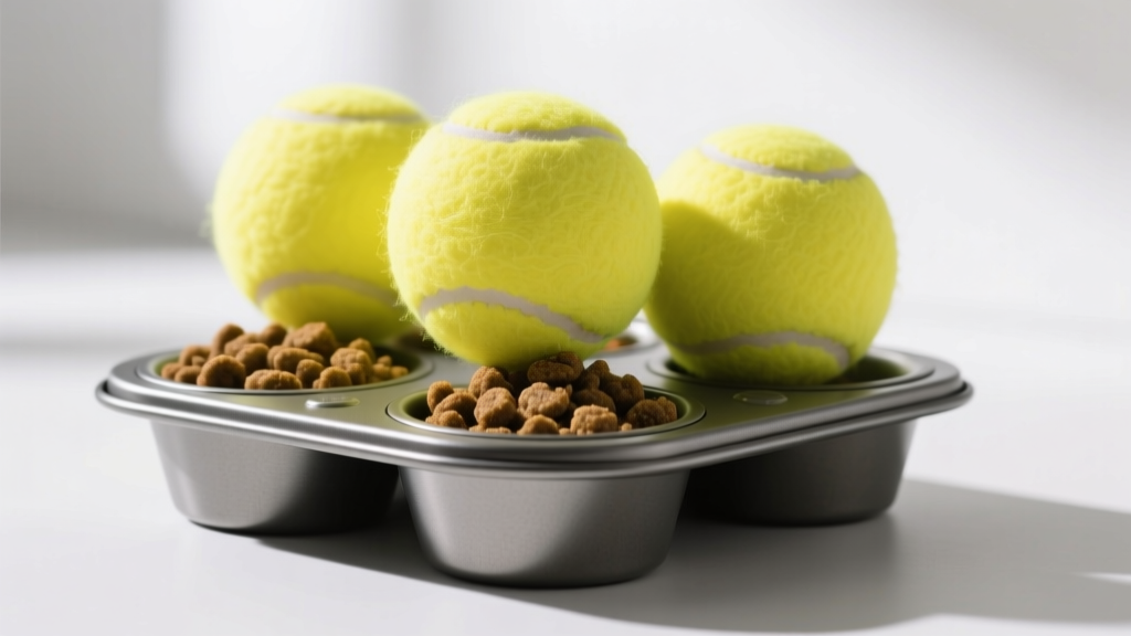 Close-up of a standard metal muffin tin filled with dry dog food and covered by three bright yellow tennis balls.