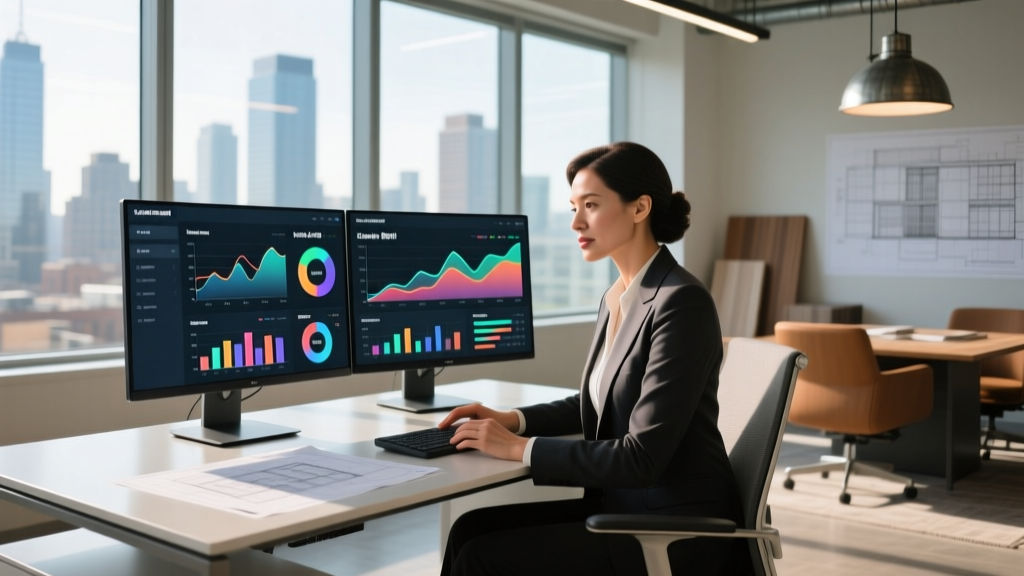 Marketing director analyzing digital ad spend and ROI metrics on dual monitors in a modern building materials supply office
