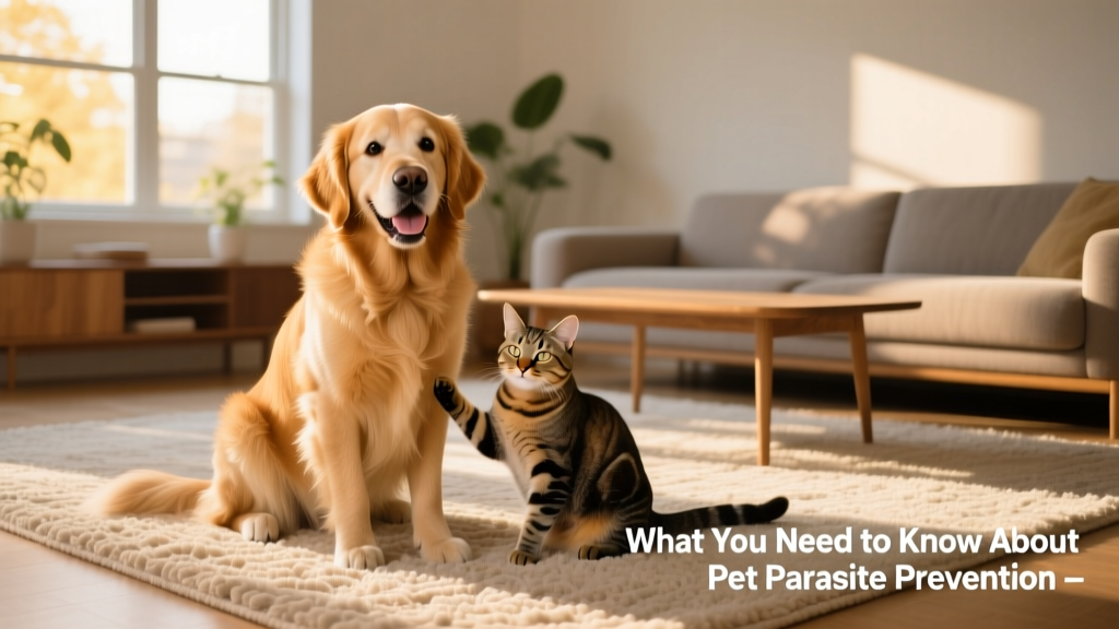 Happy, healthy golden retriever and tabby cat sitting side by side on a clean living room rug