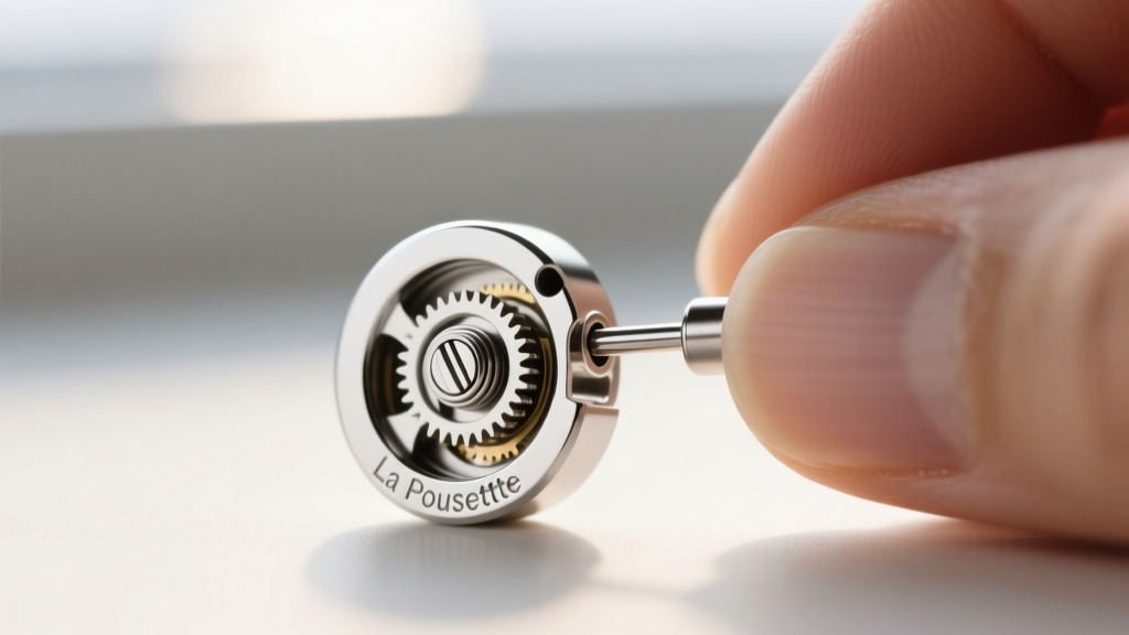 Macro shot of platinum la pousette earring back slid onto a 14-gauge post, revealing the internal spring gear mechanism.