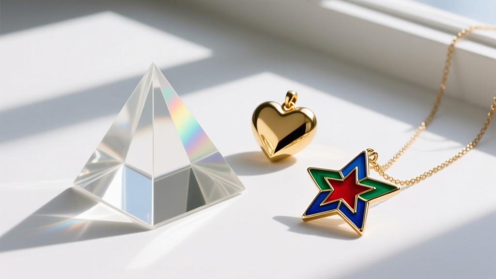 Flat lay of detached 1980s vintage necklace charms including a geometric lucite pyramid, a gold-tone heart, and a cloisonne star